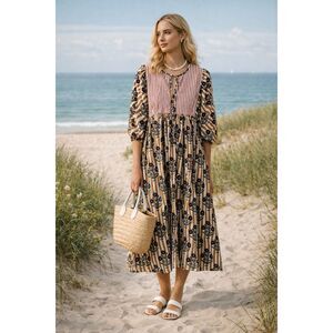 Designer Block Print Coastal Grandma NWOT Darling Isle kaftan midi dress, Sm, $2